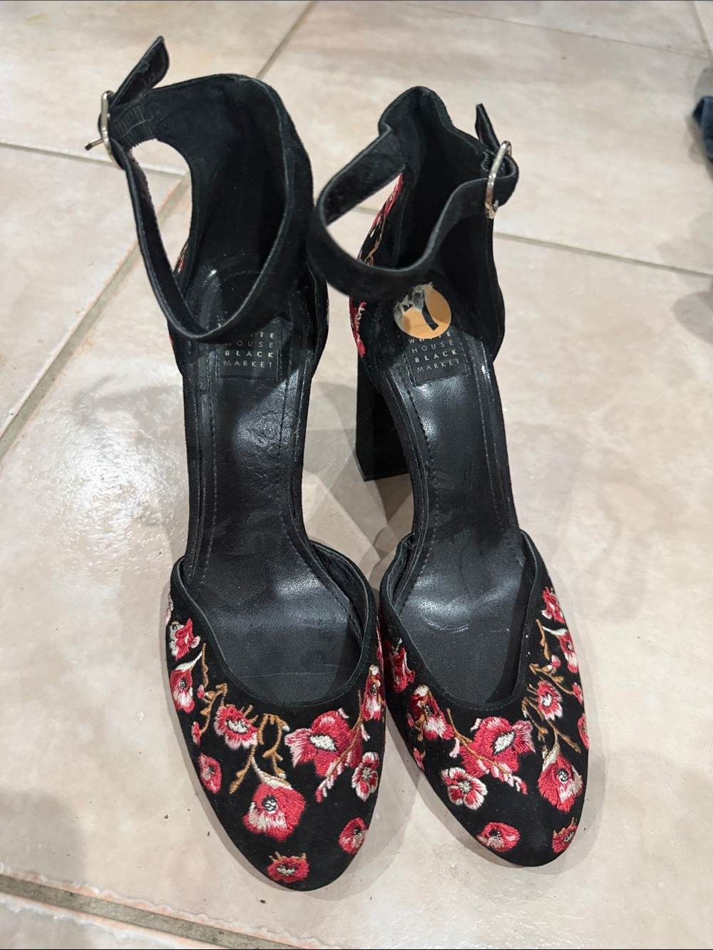 White House, Black market size 7 Black Floral Embroidered Ankle-Strap Heels @@@@